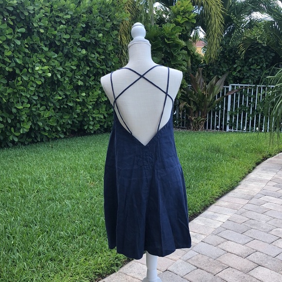 CLAUDIO MILANO NAVY BLUE LOW BACK CRISSCROSS STRAPS ITALIAN LINEN DRESS MEDIUM - Picture 4 of 14